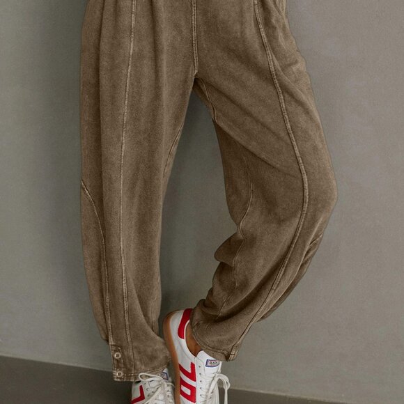 Boutique Pants - B349 Elmwood Mineral Wash Jogger Style High Waist Casual Pants